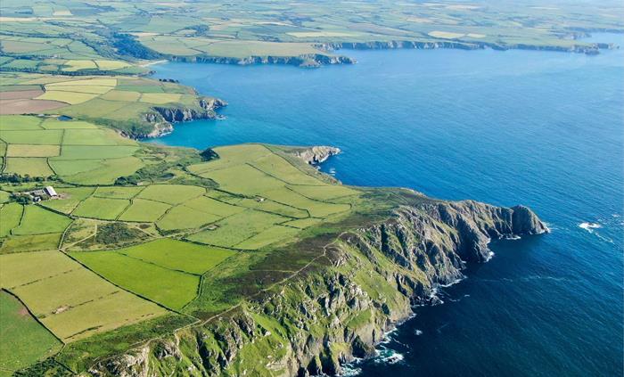 Aerial view of Penbwchdy headland (visible from the cottage) to Abermawr beach (20-minute walk).